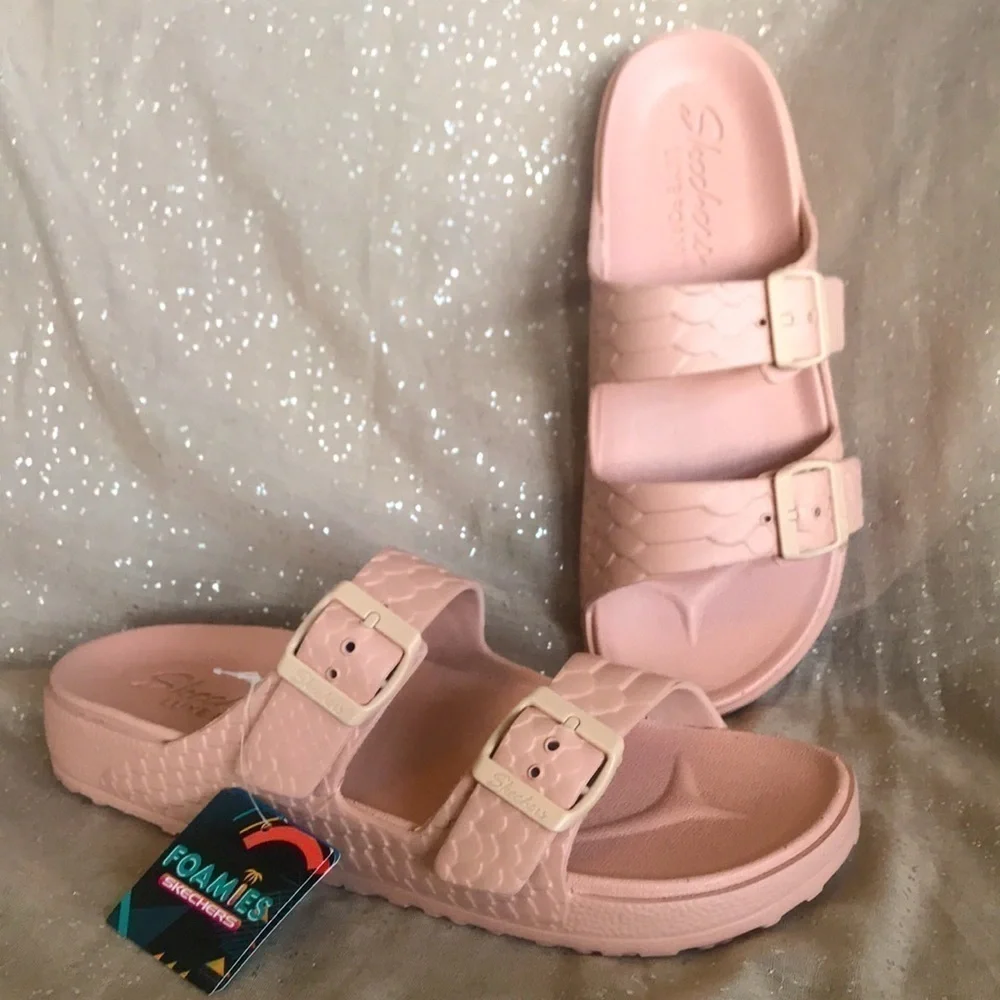 Brand New Skechers Foamies Luxe Foam Double Strap Buckled Blush Slides Sandals